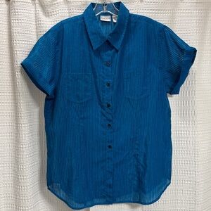 Chico's Teal Short Sleeve Camp Shirt SZ 2/‎ L semi sheer striped metallic EUC